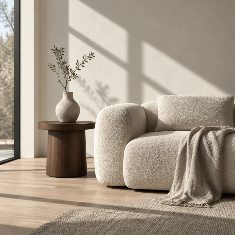 Premium Catvithy living room interior with a sculptural sofa and walnut side table