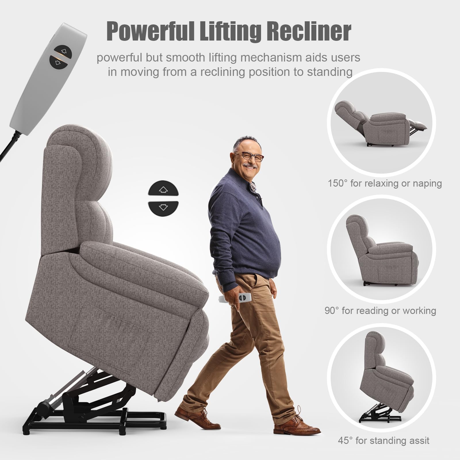Power Lift Recliner Chair with 8-Point Massage, Heated Lumbar, Extended Footrest and USB Charging, Grey - Image 4