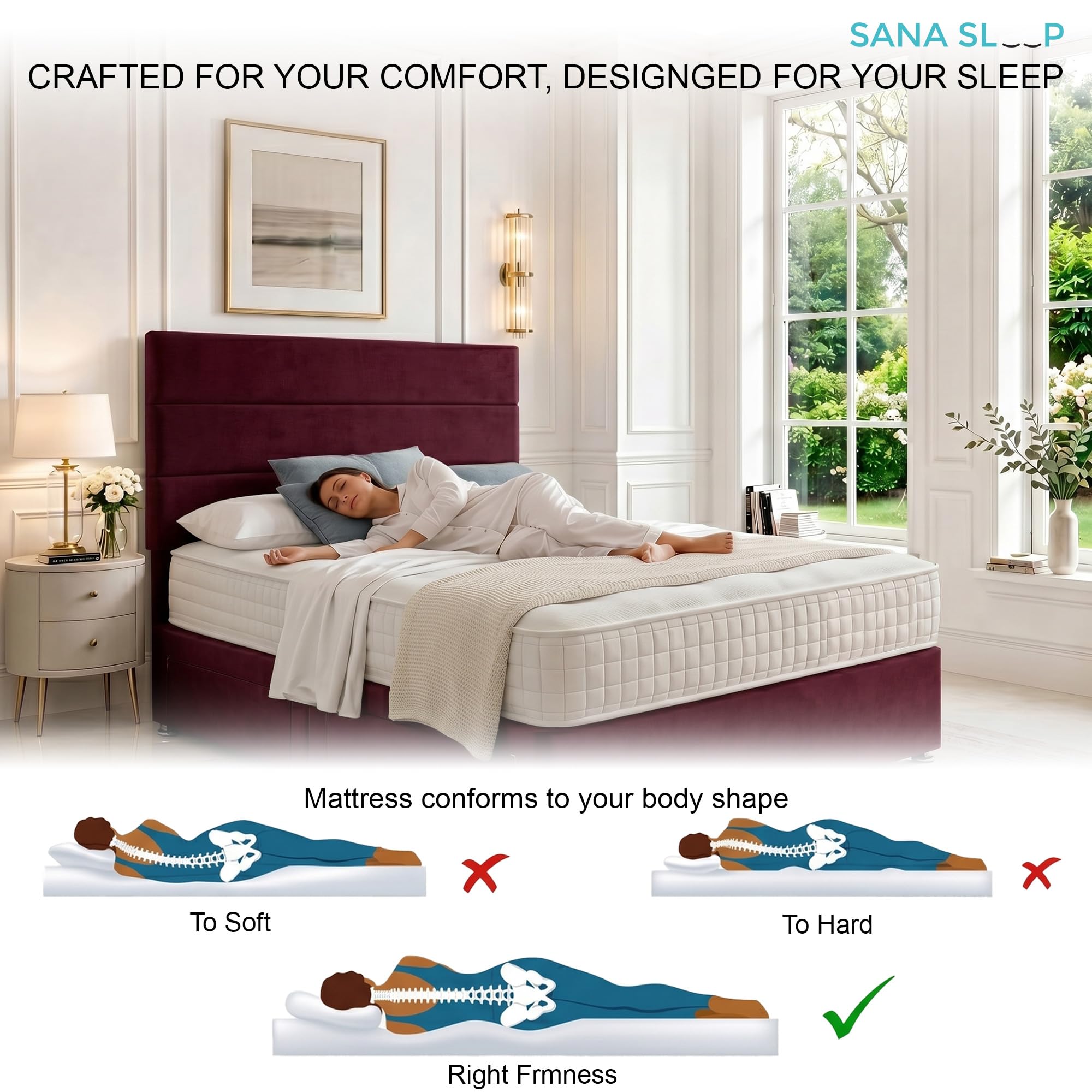 5ft King Size Divan Bed Set with Orthopaedic Mattress, 2 Storage Drawers and 26-Inch Headboard, Mulberry - Image 6