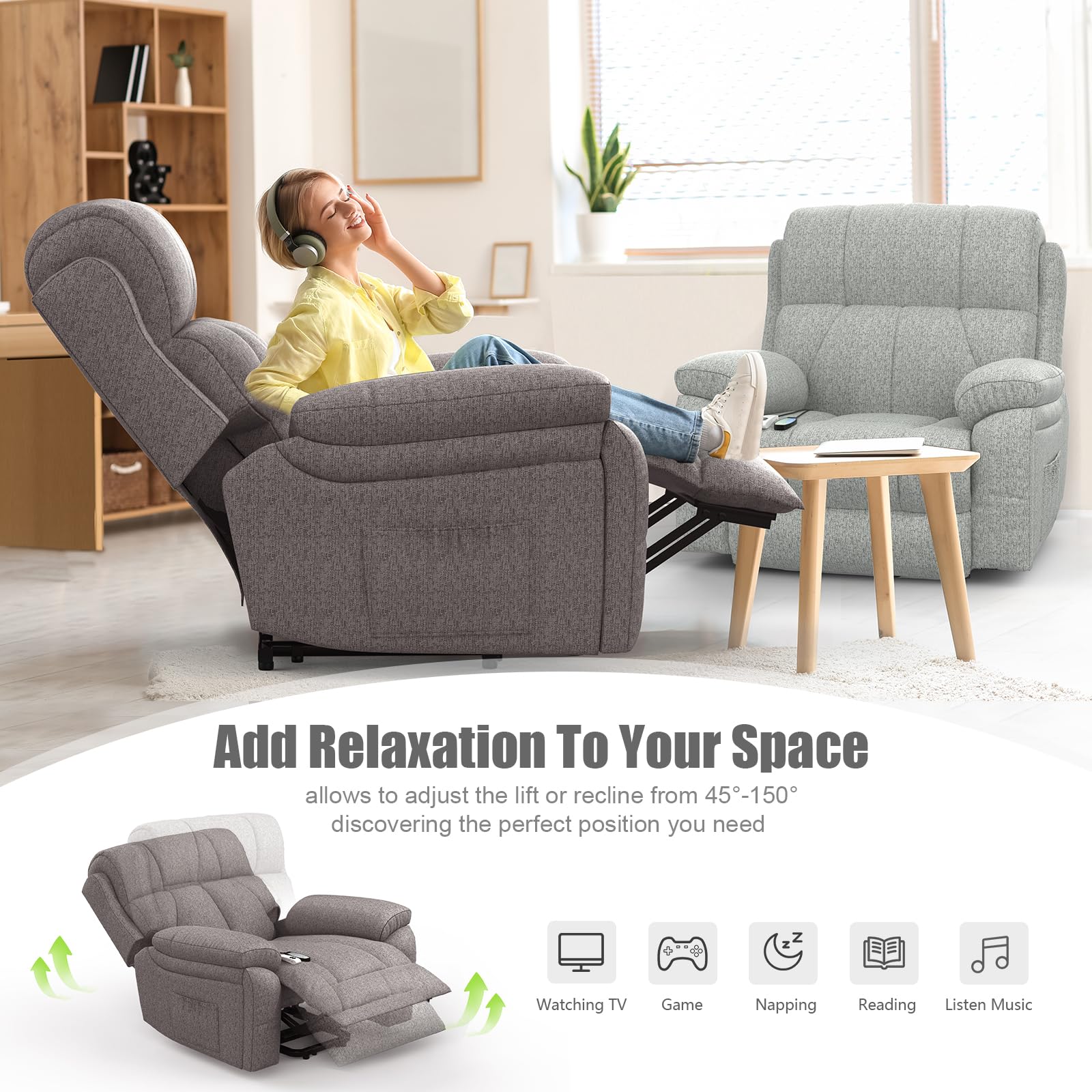 Power Lift Recliner Chair with 8-Point Massage, Heated Lumbar, Extended Footrest and USB Charging, Grey - Image 3