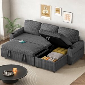L-Shaped 3-in-1 Velvet Sofa Bed with 6-Position Adjustable Backrest, USB Charging and Storage, Grey