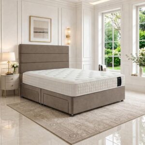 5ft King Size Divan Bed Set with Orthopaedic Mattress, 2 Storage Drawers and 26-Inch Headboard, Silver