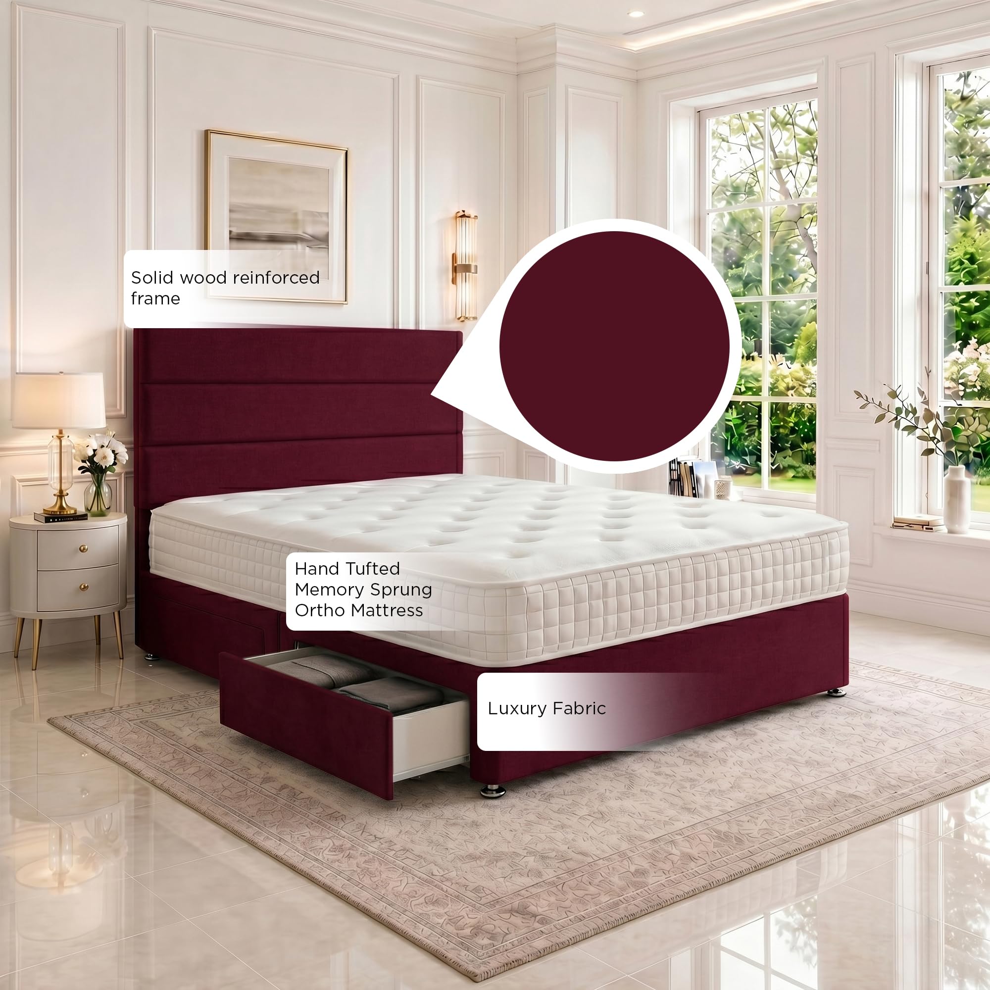 5ft King Size Divan Bed Set with Orthopaedic Mattress, 2 Storage Drawers and 26-Inch Headboard, Mulberry - Image 5