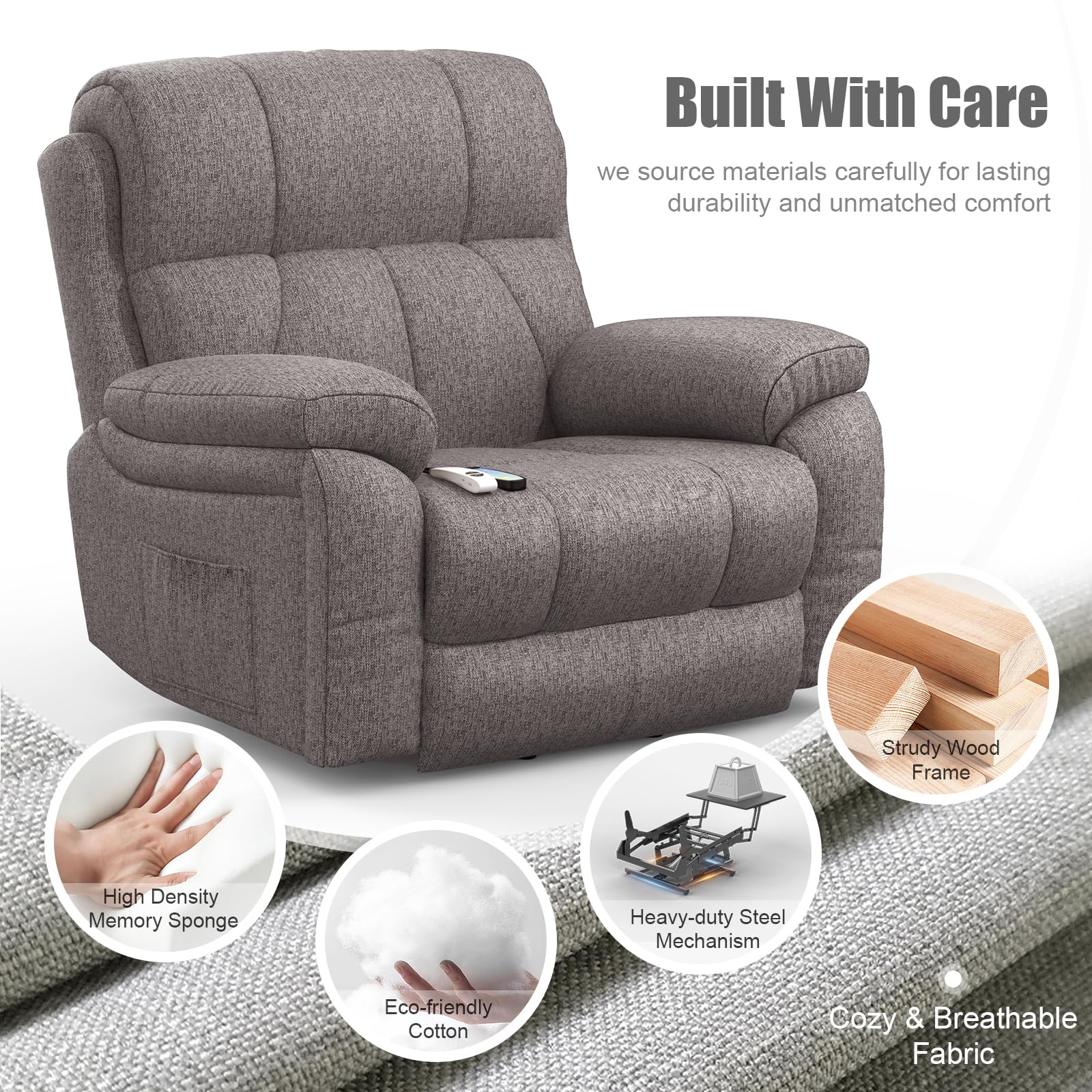 Power Lift Recliner Chair with 8-Point Massage, Heated Lumbar, Extended Footrest and USB Charging, Grey - Image 6