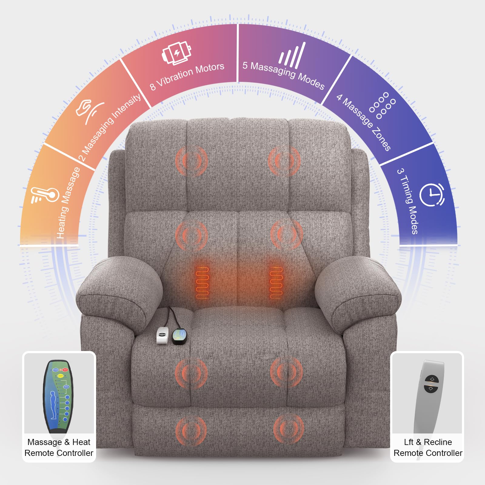 Power Lift Recliner Chair with 8-Point Massage, Heated Lumbar, Extended Footrest and USB Charging, Grey - Image 2