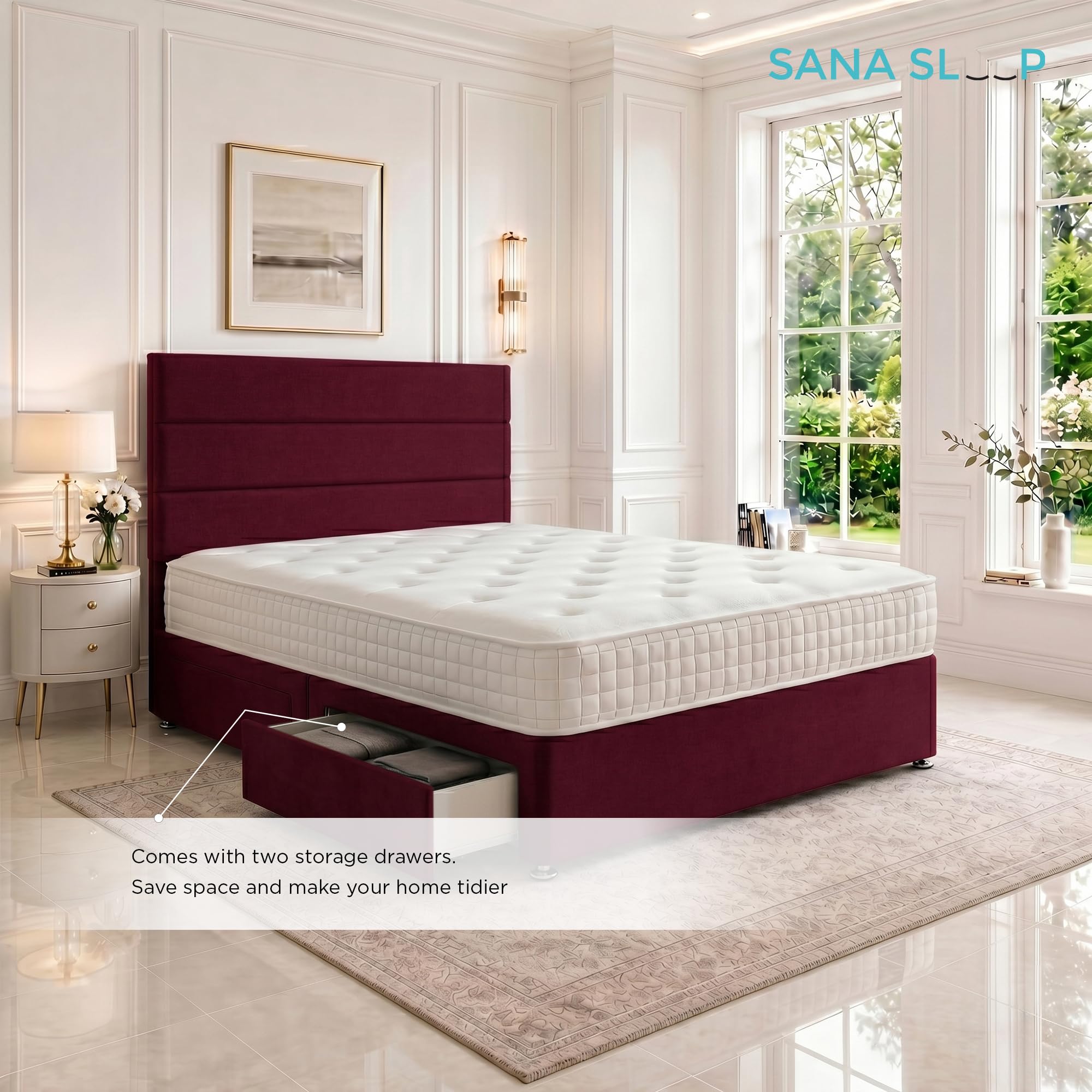 5ft King Size Divan Bed Set with Orthopaedic Mattress, 2 Storage Drawers and 26-Inch Headboard, Mulberry - Image 4