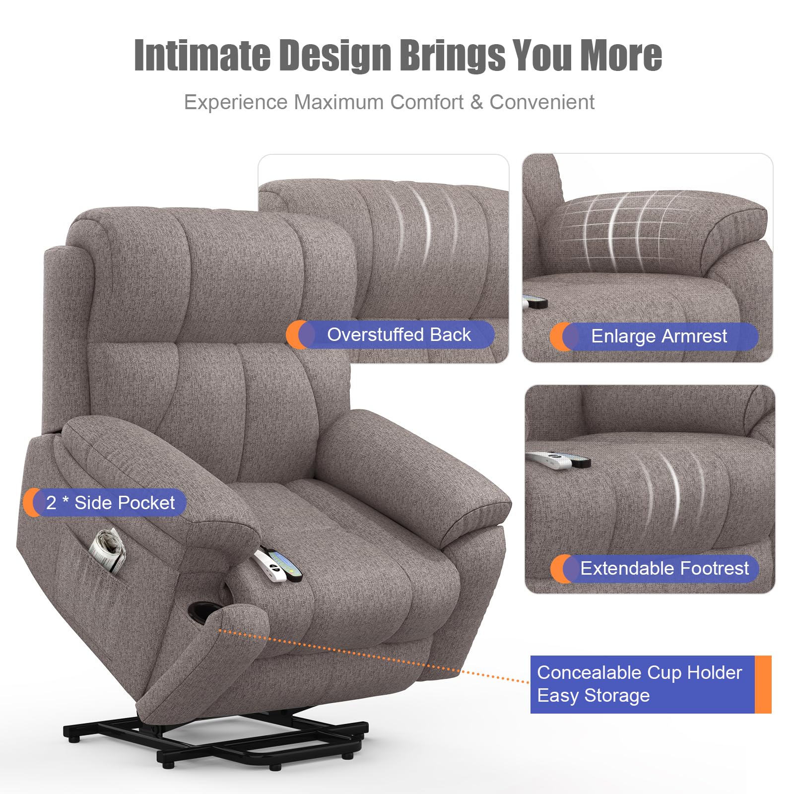 Power Lift Recliner Chair with 8-Point Massage, Heated Lumbar, Extended Footrest and USB Charging, Grey - Image 5
